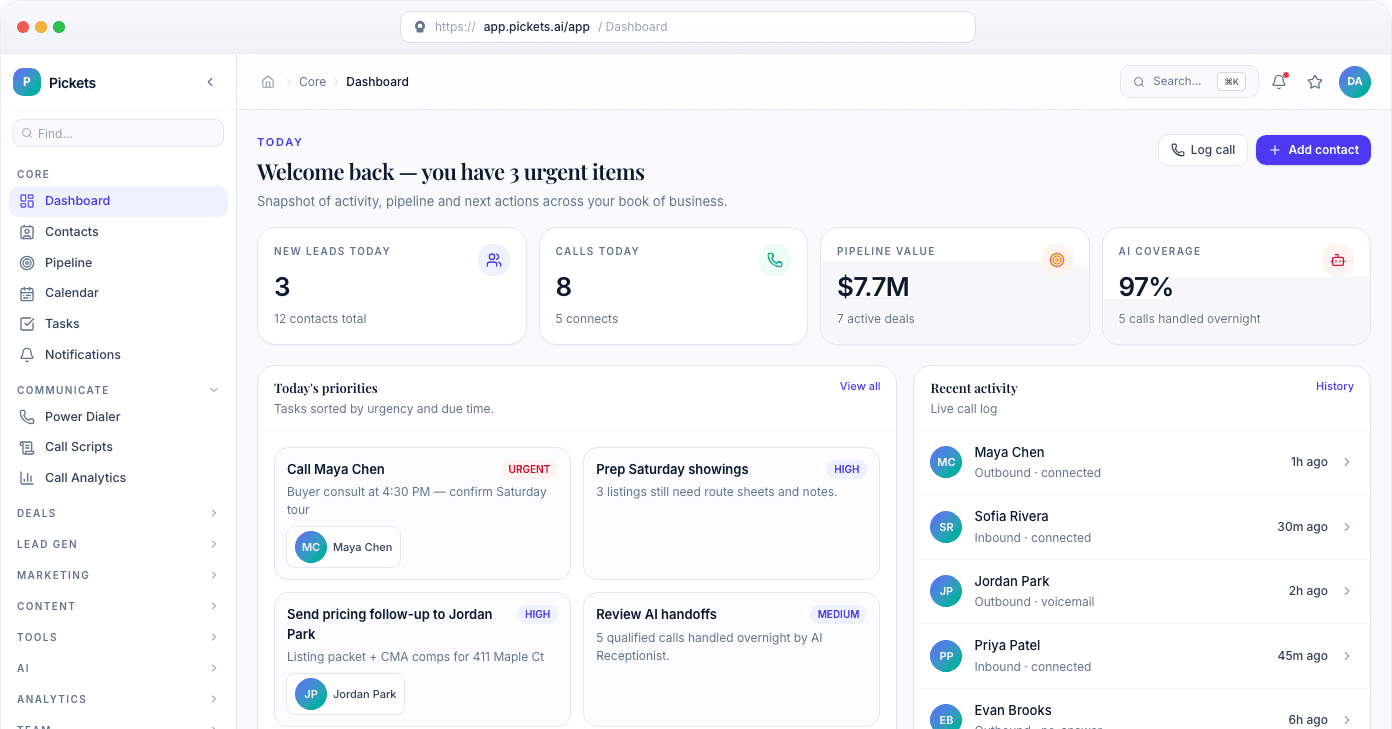 Pickets web app dashboard showing leads, calls, pipeline value, tasks, and recent activity