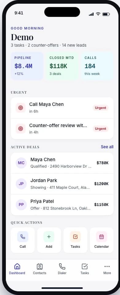 Pickets iPhone app preview with daily tasks, active deals, and quick actions for calls and contacts